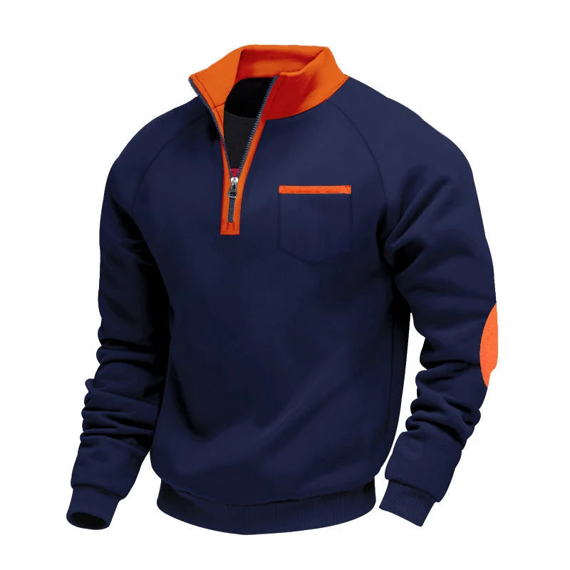 Men's Quarter Zip Sweater with Stand-Up Collar and Chest Pocket 0