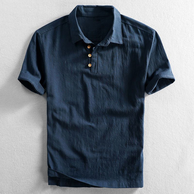 Men's Relaxed Fit Linen-Texture Polo Shirt with Button Placket 0