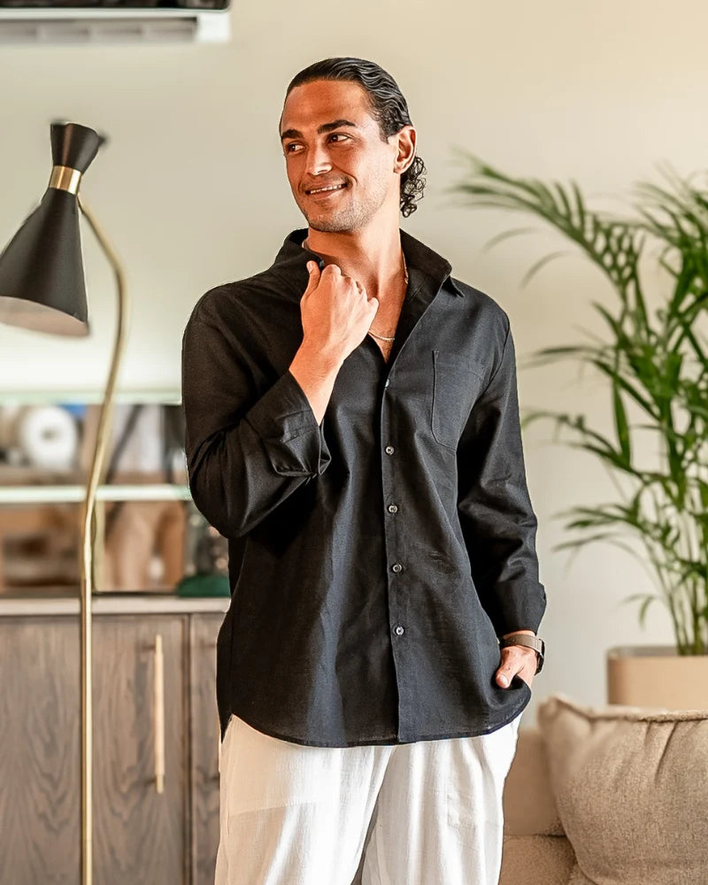 Men's Relaxed Fit Linen Shirt with Button Front and Collar 1