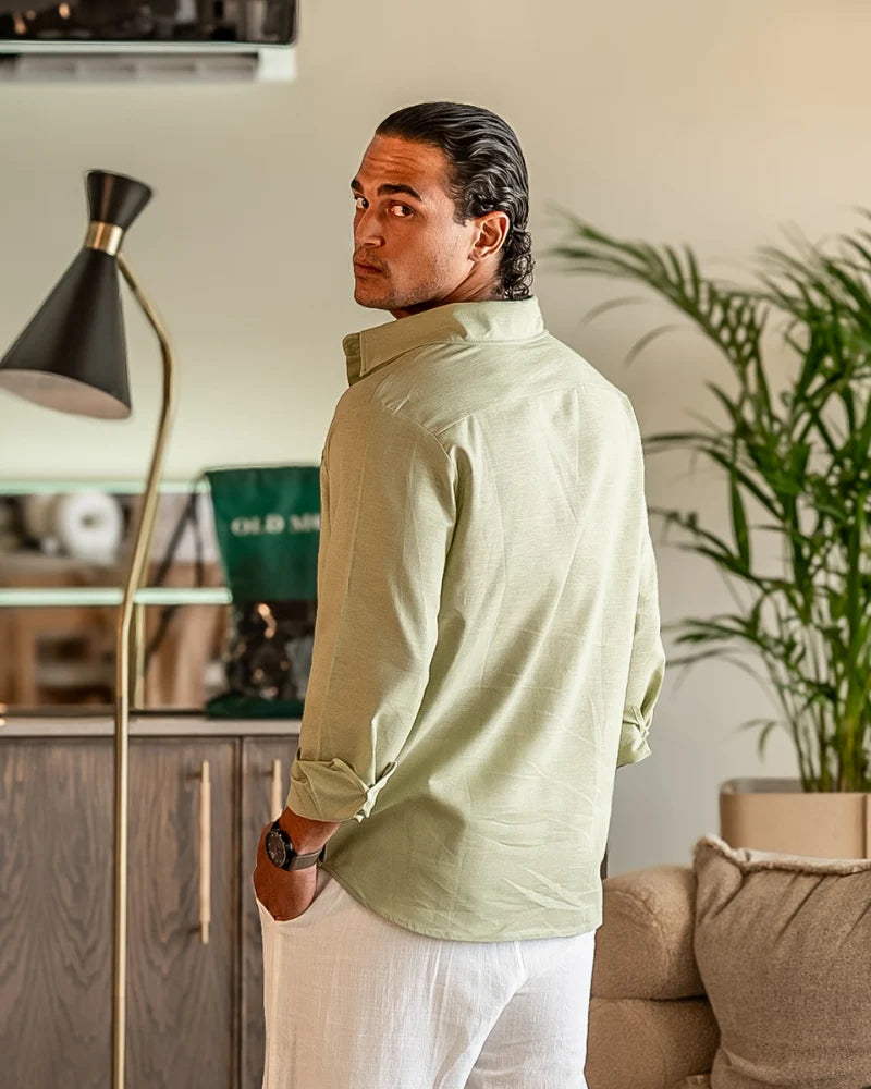 Men's Relaxed Fit Linen Shirt with Button Front and Collar 8