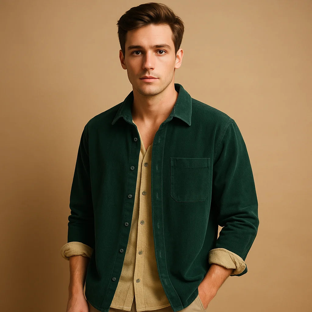 Men's Relaxed Fit Long-Sleeve Corduroy Shirt with Button Closure 0