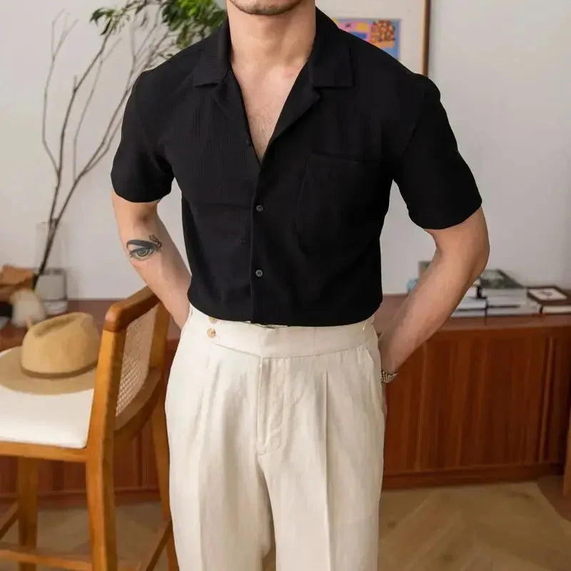 Men's Short-Sleeved Textured Shirt with Open Collar 0