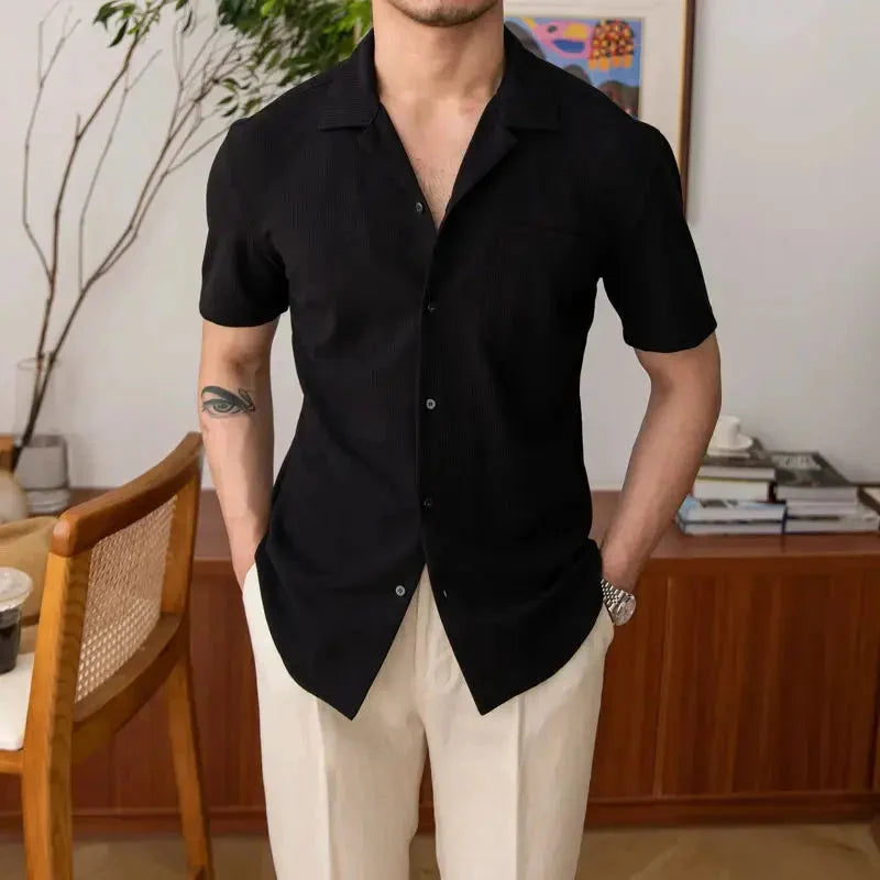 Men's Short-Sleeved Textured Shirt with Open Collar 1