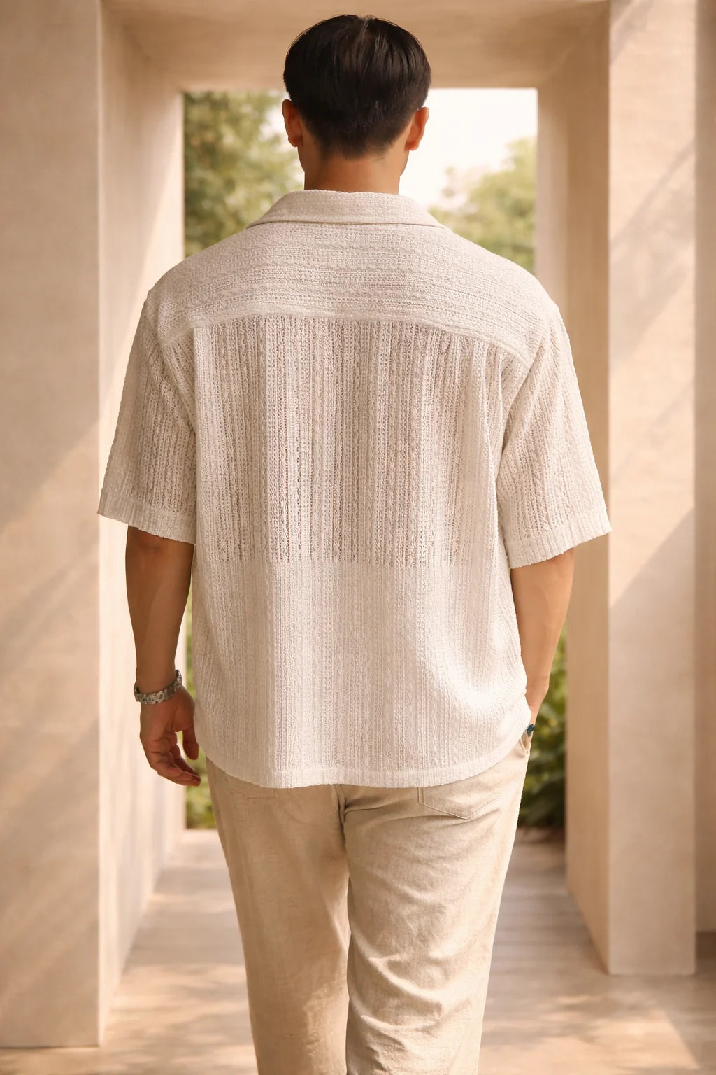 Men's Short Sleeve Open-Knit Button-Down Shirt for Warm Weather 1