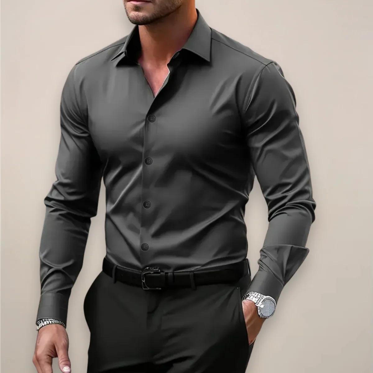 Men's Slim-Fit Long-Sleeve Button-Down Shirt for Work and Casual Wear 0