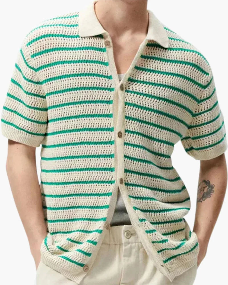 Men's Striped Crocheted Knit Polo Shirt with Button Closure 0