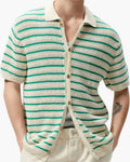 Men's Striped Crocheted Knit Polo Shirt with Button Closure 0