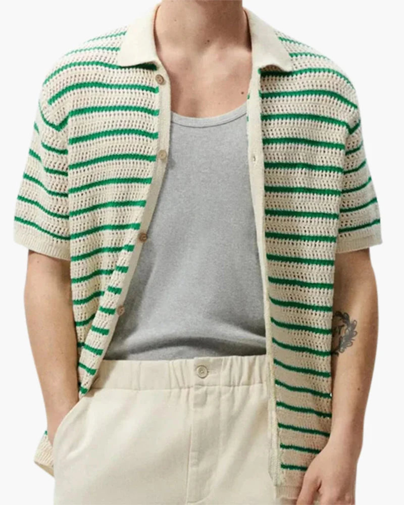 Men's Striped Crocheted Knit Polo Shirt with Button Closure 1