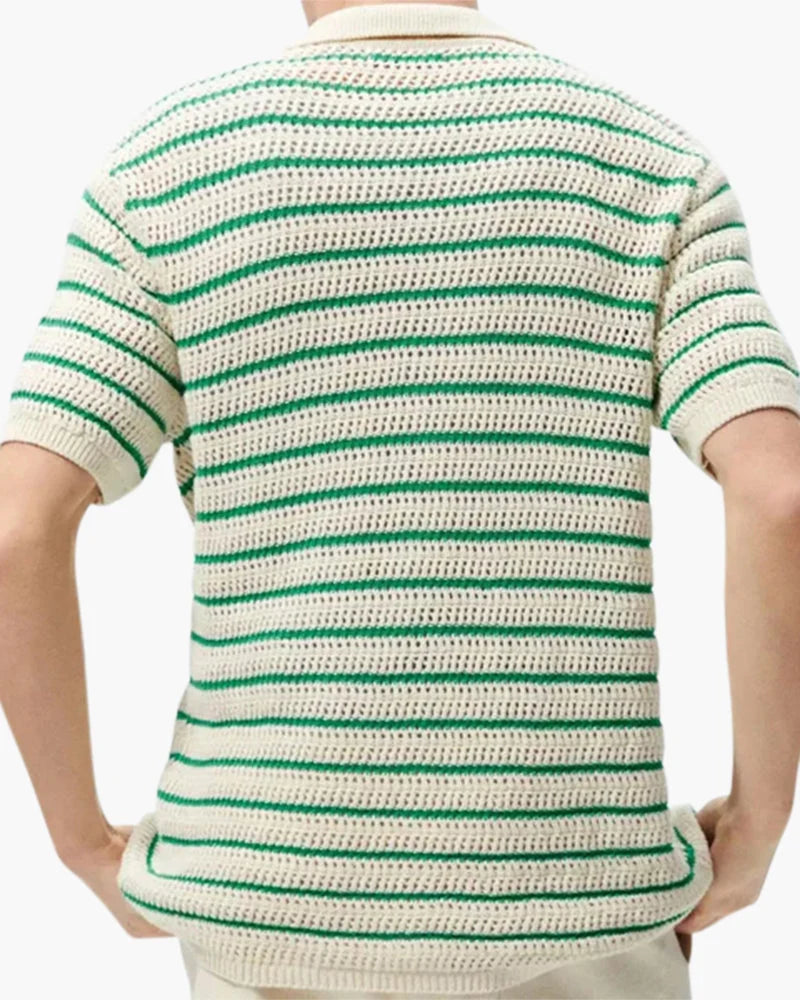 Men's Striped Crocheted Knit Polo Shirt with Button Closure 2