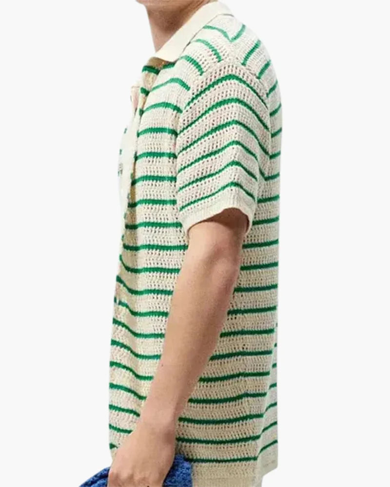 Men's Striped Crocheted Knit Polo Shirt with Button Closure 3