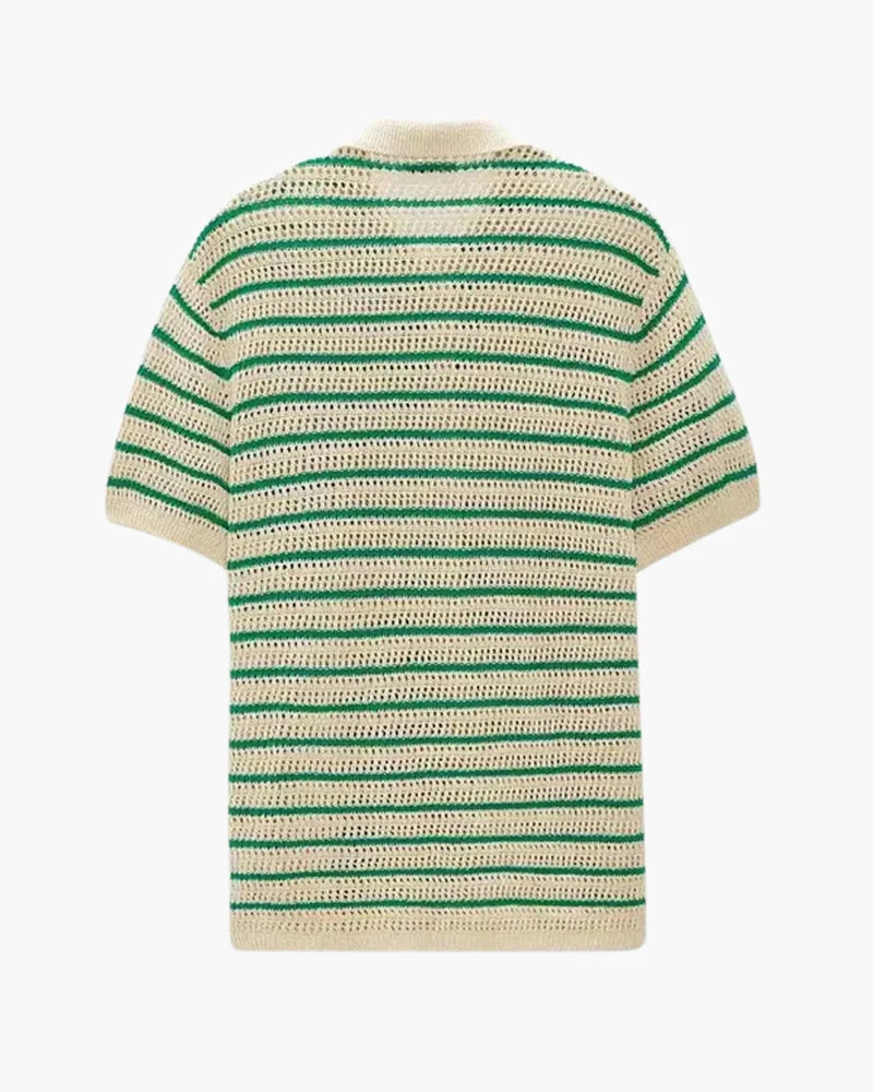 Men's Striped Crocheted Knit Polo Shirt with Button Closure 4