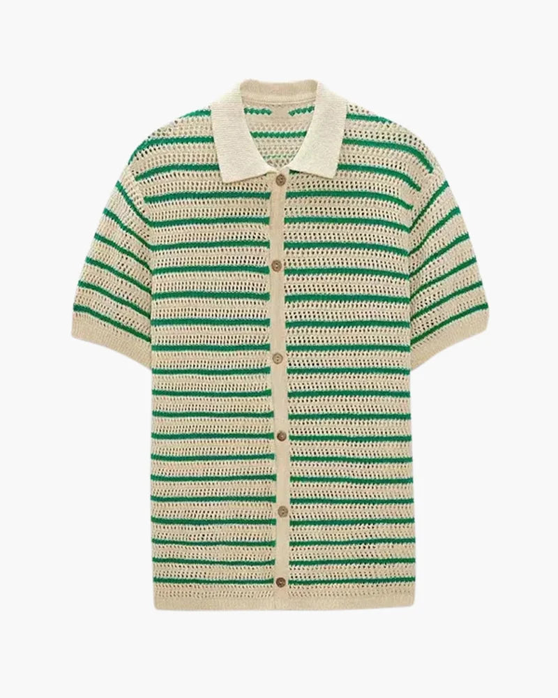 Men's Striped Crocheted Knit Polo Shirt with Button Closure 5