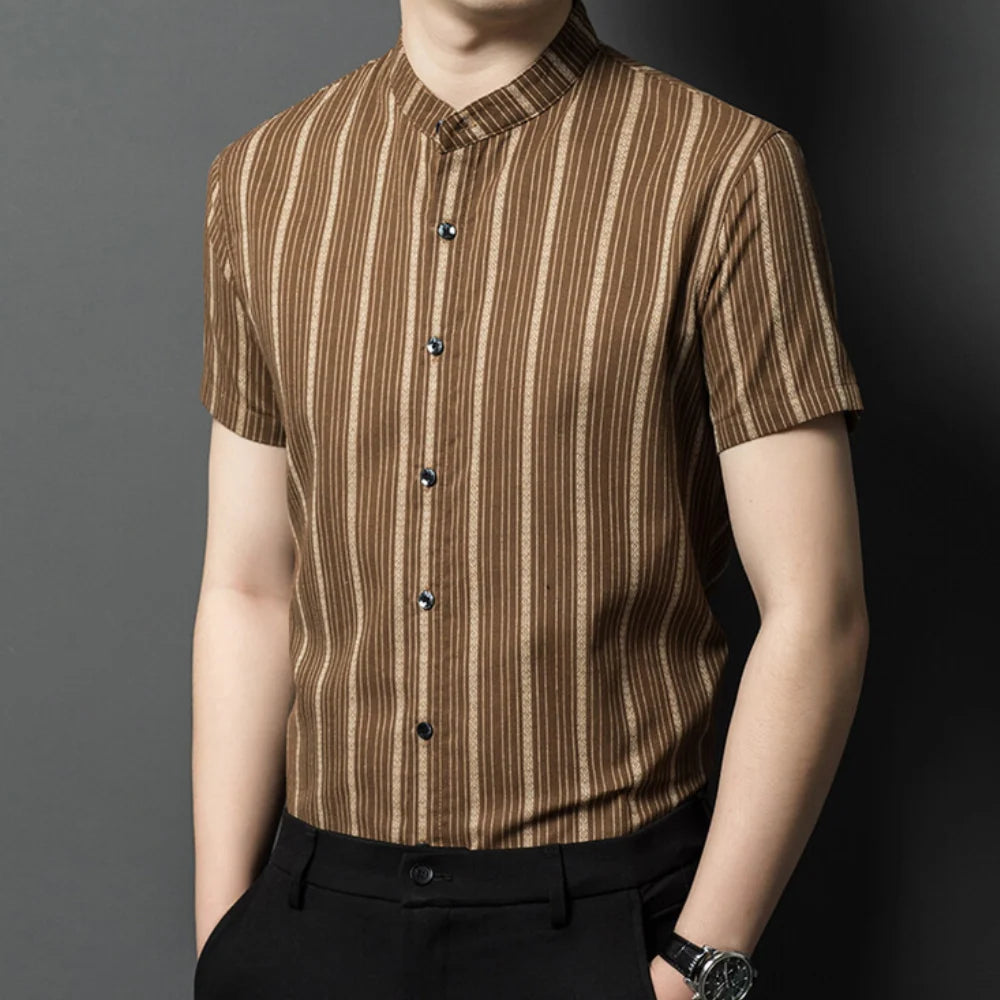 Men's Tailored Fit Short Sleeve Shirt with Vertical Stripes 0