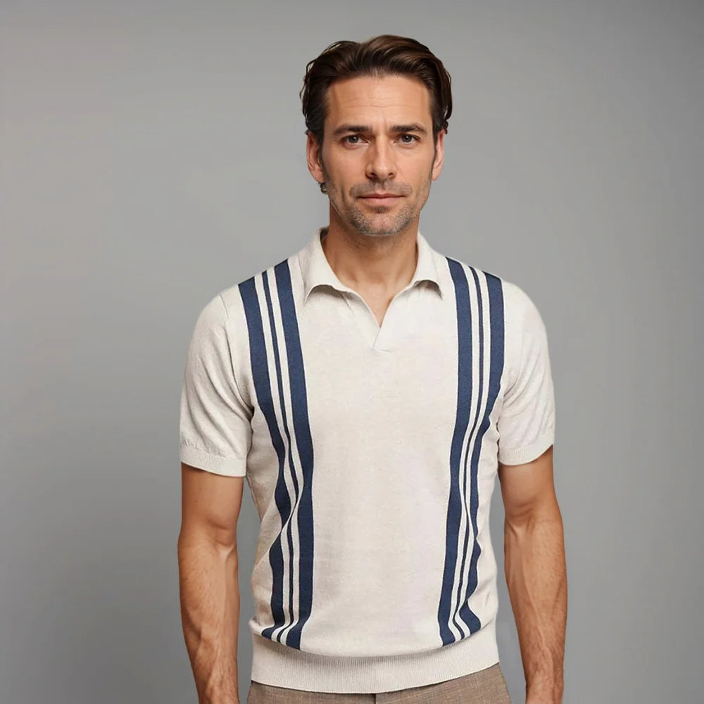 Men's Tailored Knit Polo Shirt with Vertical Stripes 0