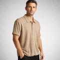 Men's Textured Knit Polo Shirt with Vertical Stripes 0