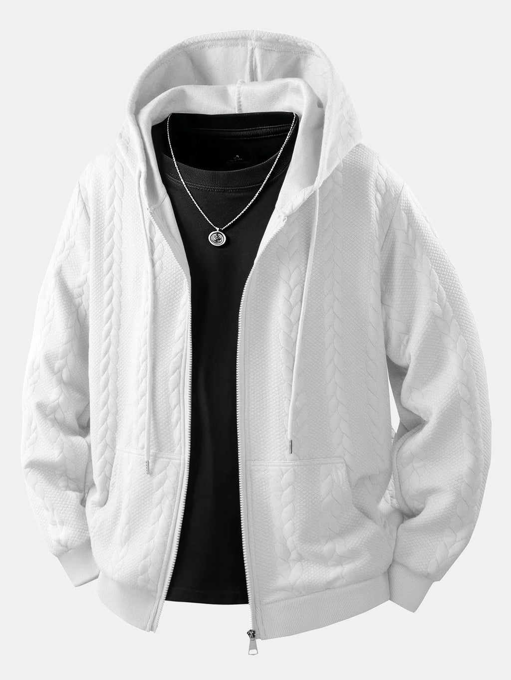 Men's Zip-Up Hoodie with Cable Jacquard Texture and Drawstring Hood 0