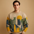 Oversized Men's Printed Knit Sweater with Crew Neck for Casual Wear 0