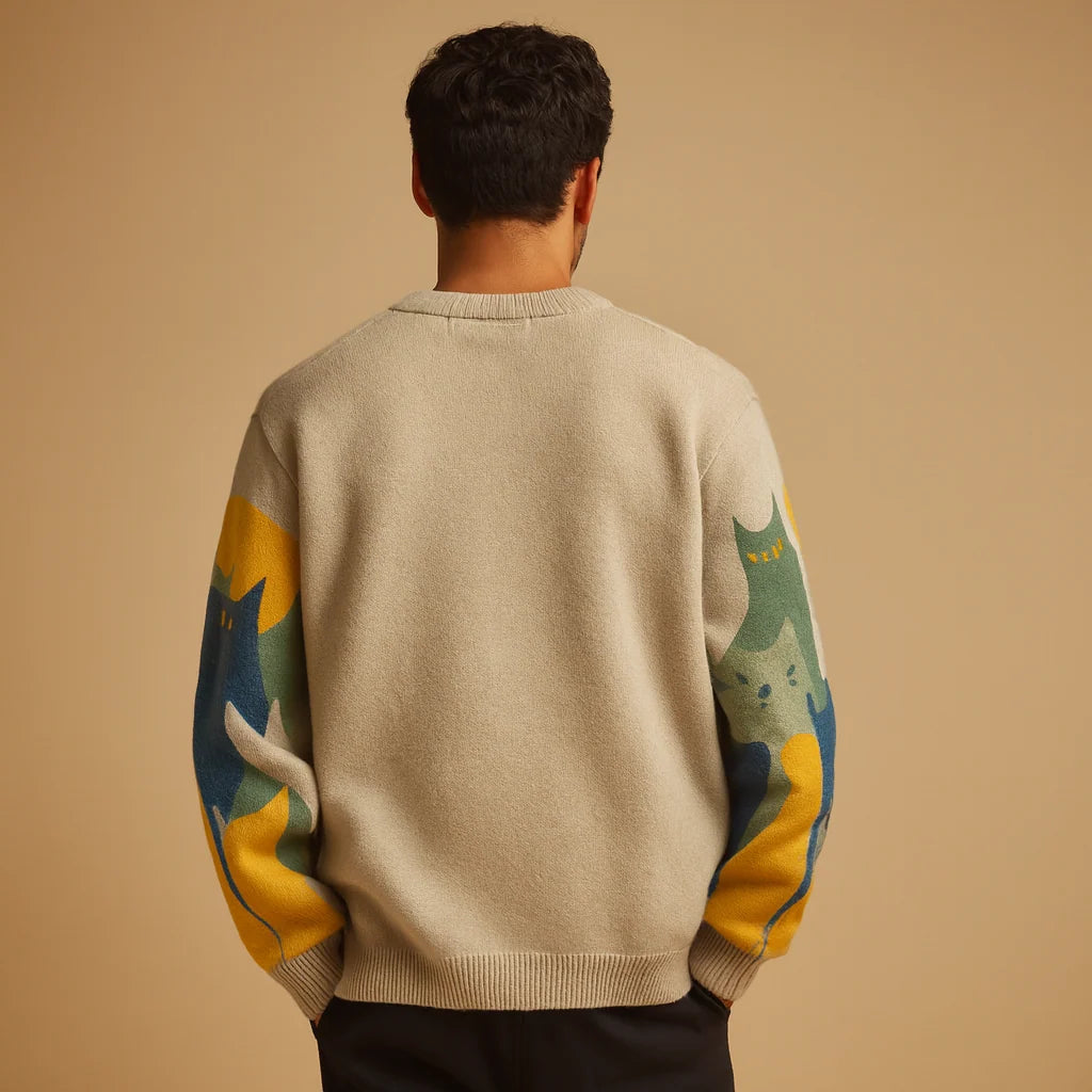 Oversized Men's Printed Knit Sweater with Crew Neck for Casual Wear 2