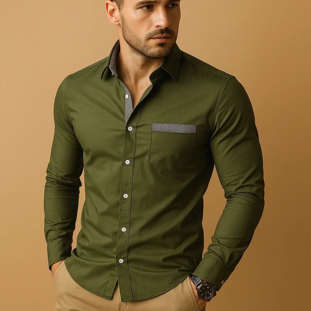 Slim Fit Long-Sleeve Shirt with Classic Collar and Chest Pocket 0