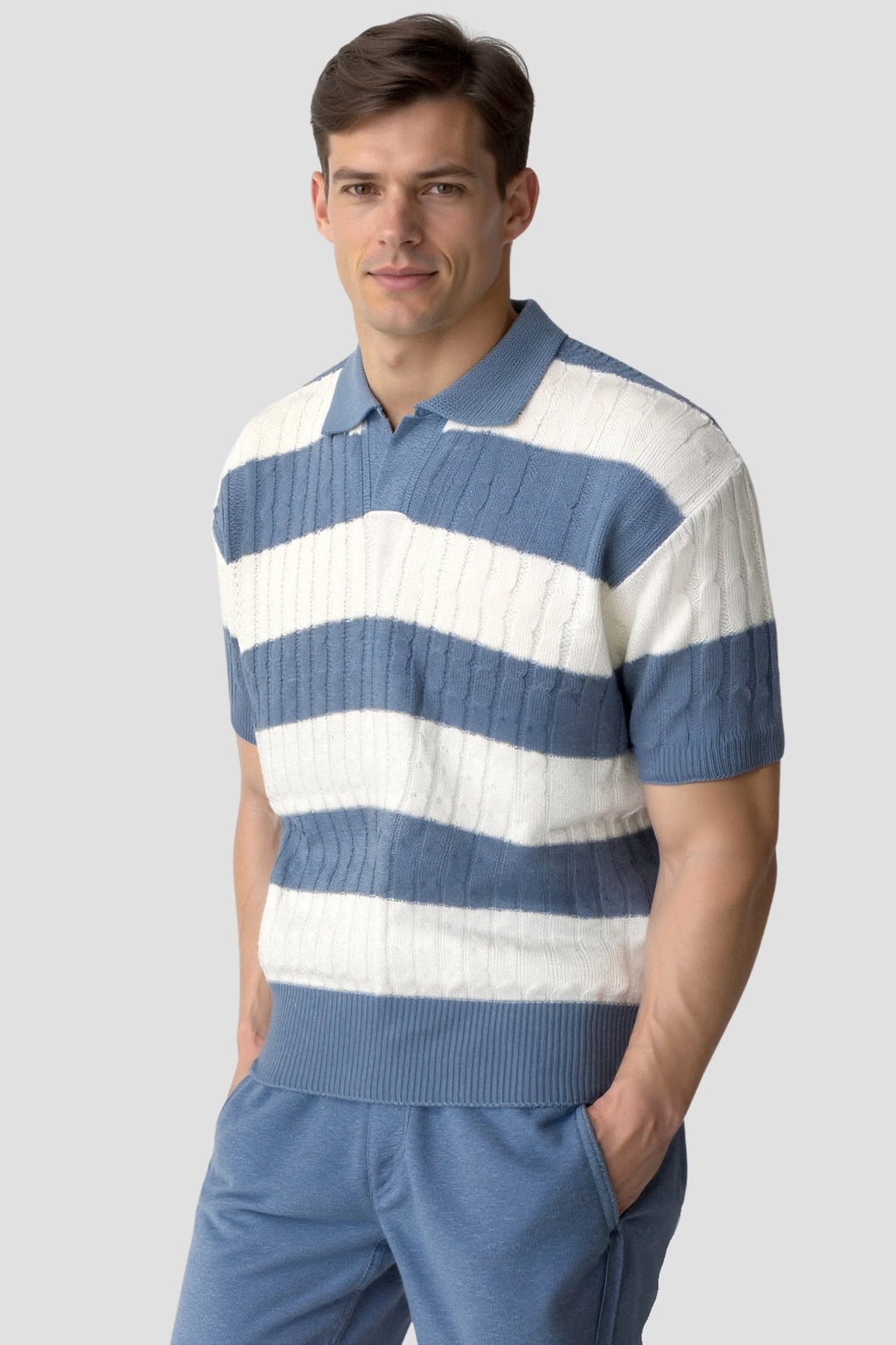Textured Striped Knit Polo Shirt for Men 1