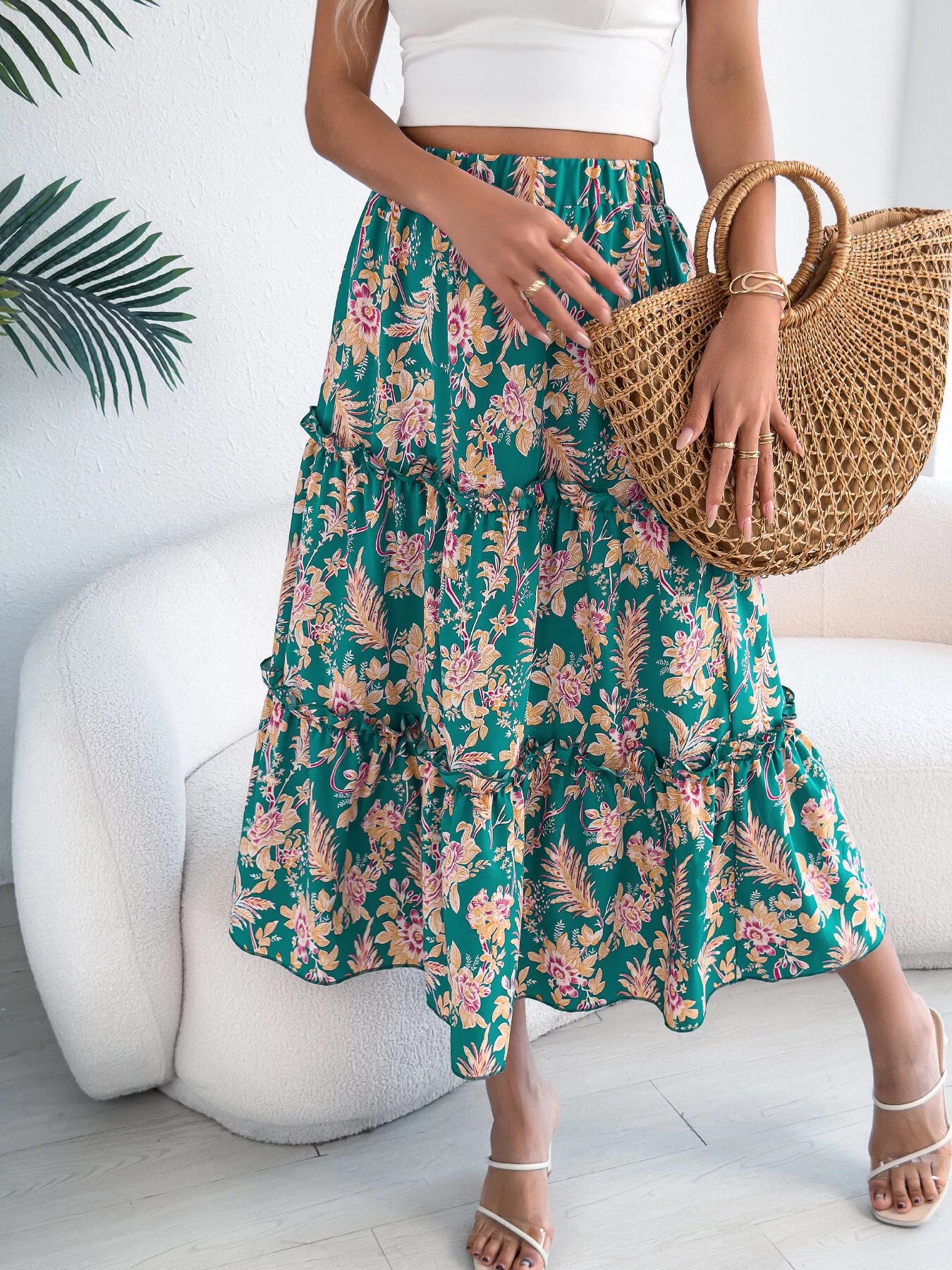 Women's Midi Skirt Floral Ruffle Hem Casual