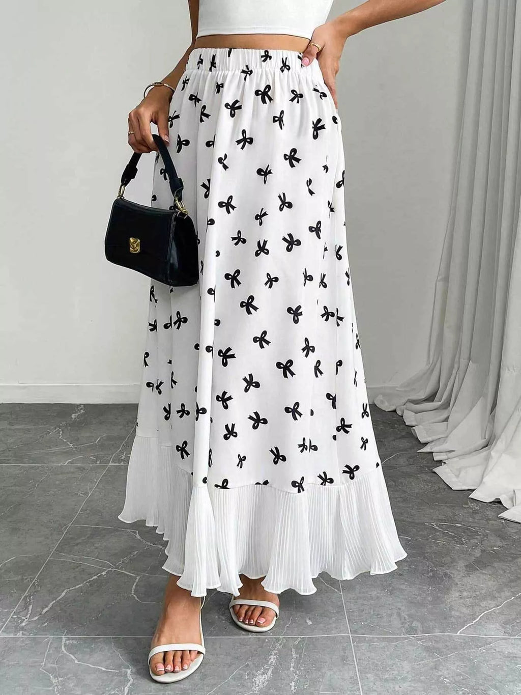 Women's Maxi Skirt Bow-Print Ruffle Hem Casual