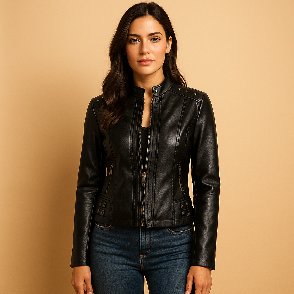 Biker Jacket with Stand Collar and Studs