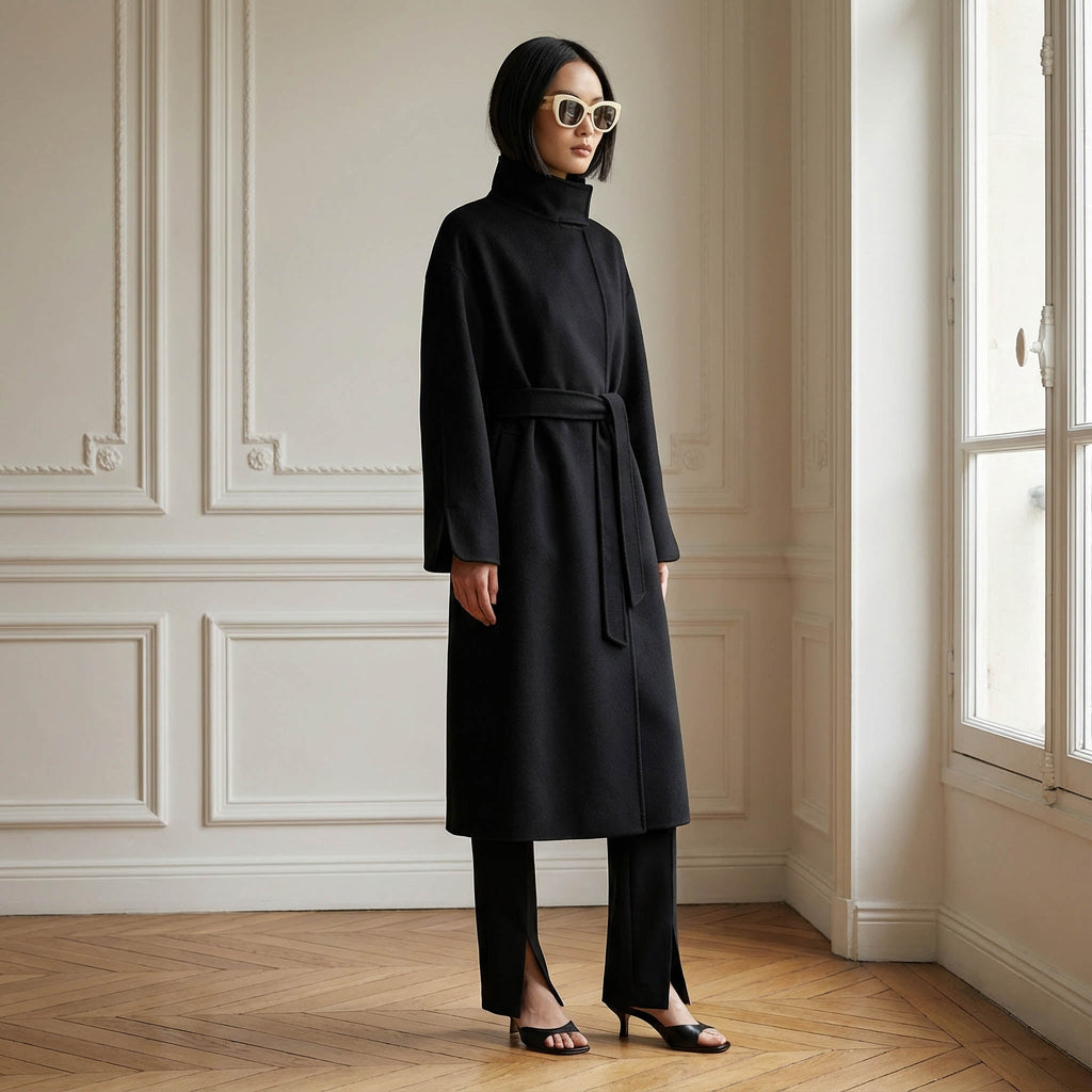 Cricket Black Pure Cashmere Coat | Funnel Collar & Belted Design