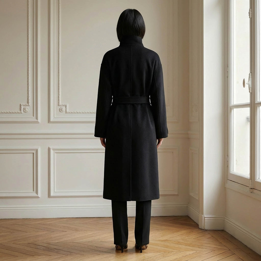 Cricket Black Pure Cashmere Coat | Funnel Collar & Belted Design