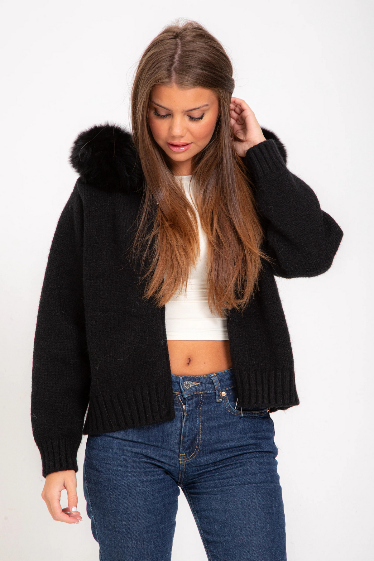 Sophia | Warm Knitted Coat with Faux Fur Hood