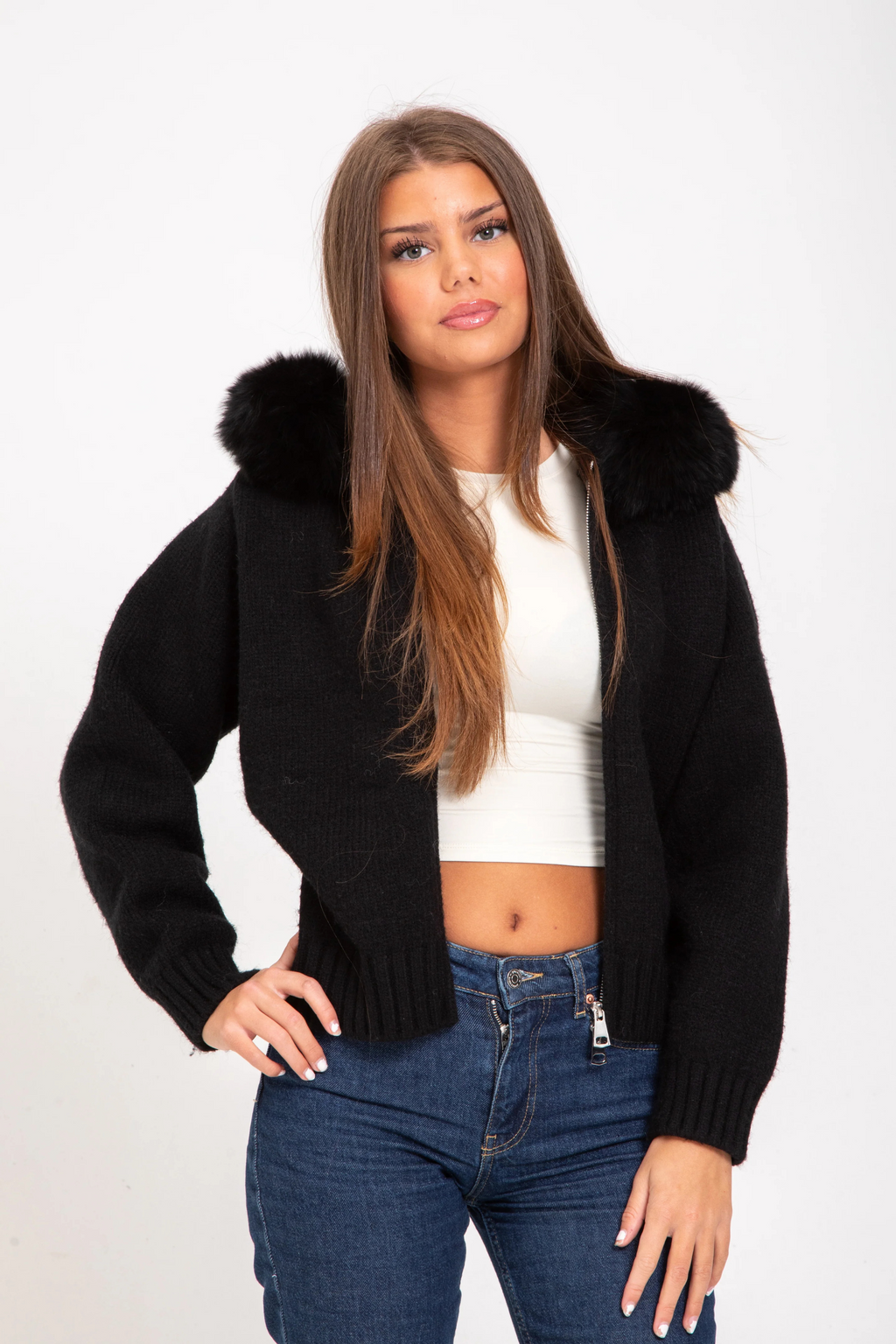 Sophia | Warm Knitted Coat with Faux Fur Hood