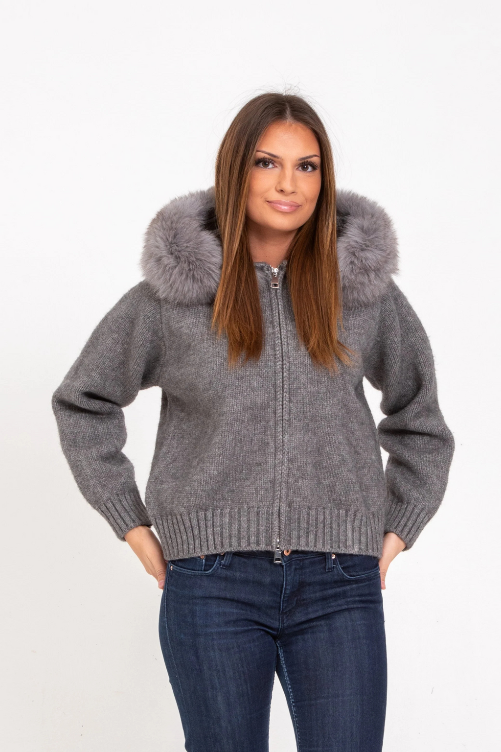 Sophia | Warm Knitted Coat with Faux Fur Hood