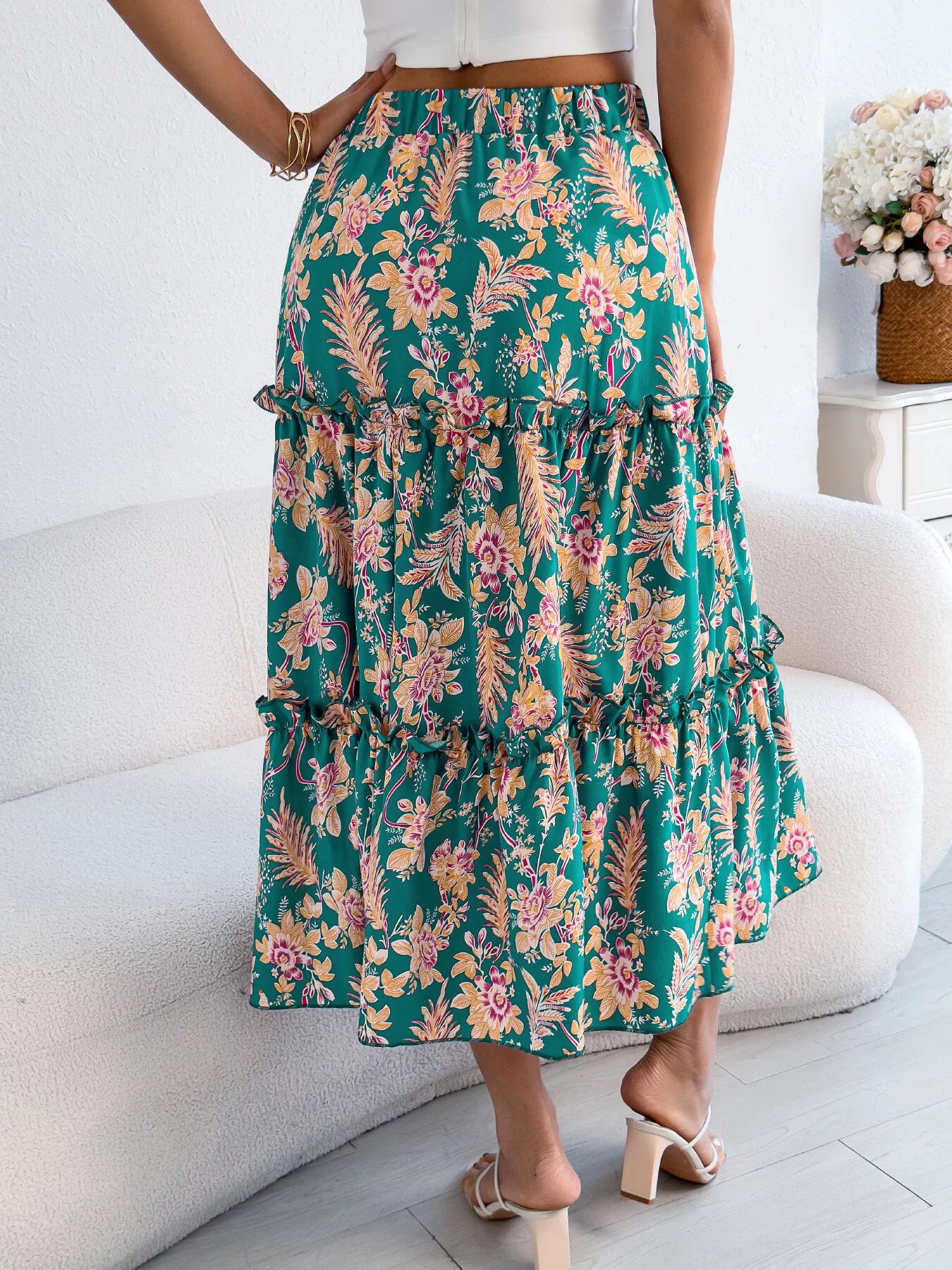Women's Midi Skirt Floral Ruffle Hem Casual