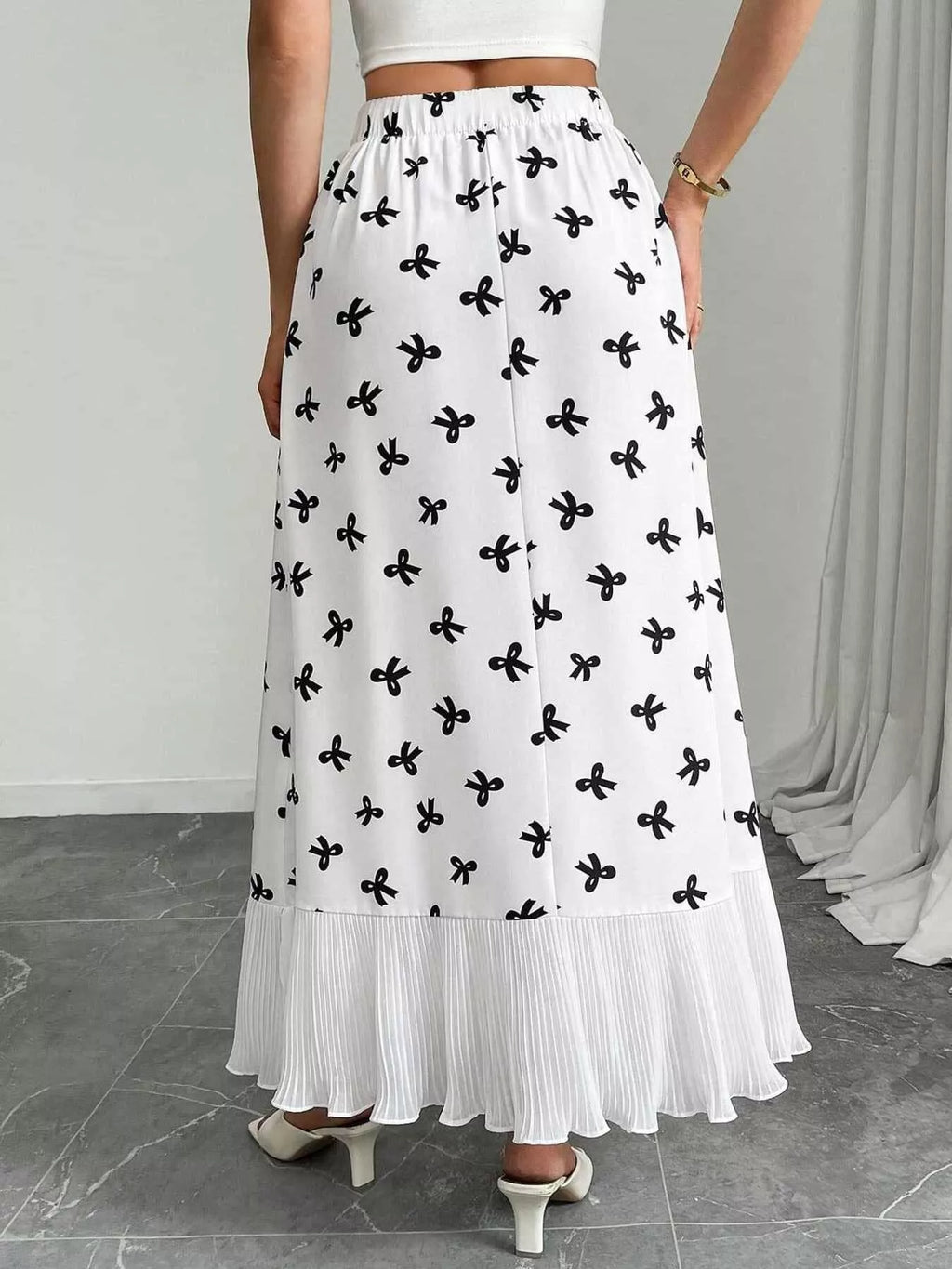 Women's Maxi Skirt Bow-Print Ruffle Hem Casual