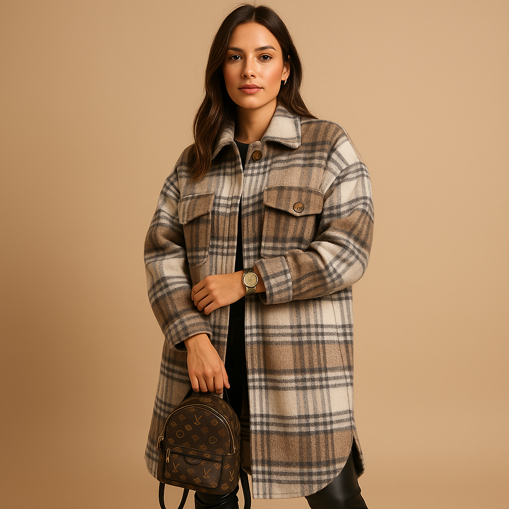 Long Checked Wool Look Coat