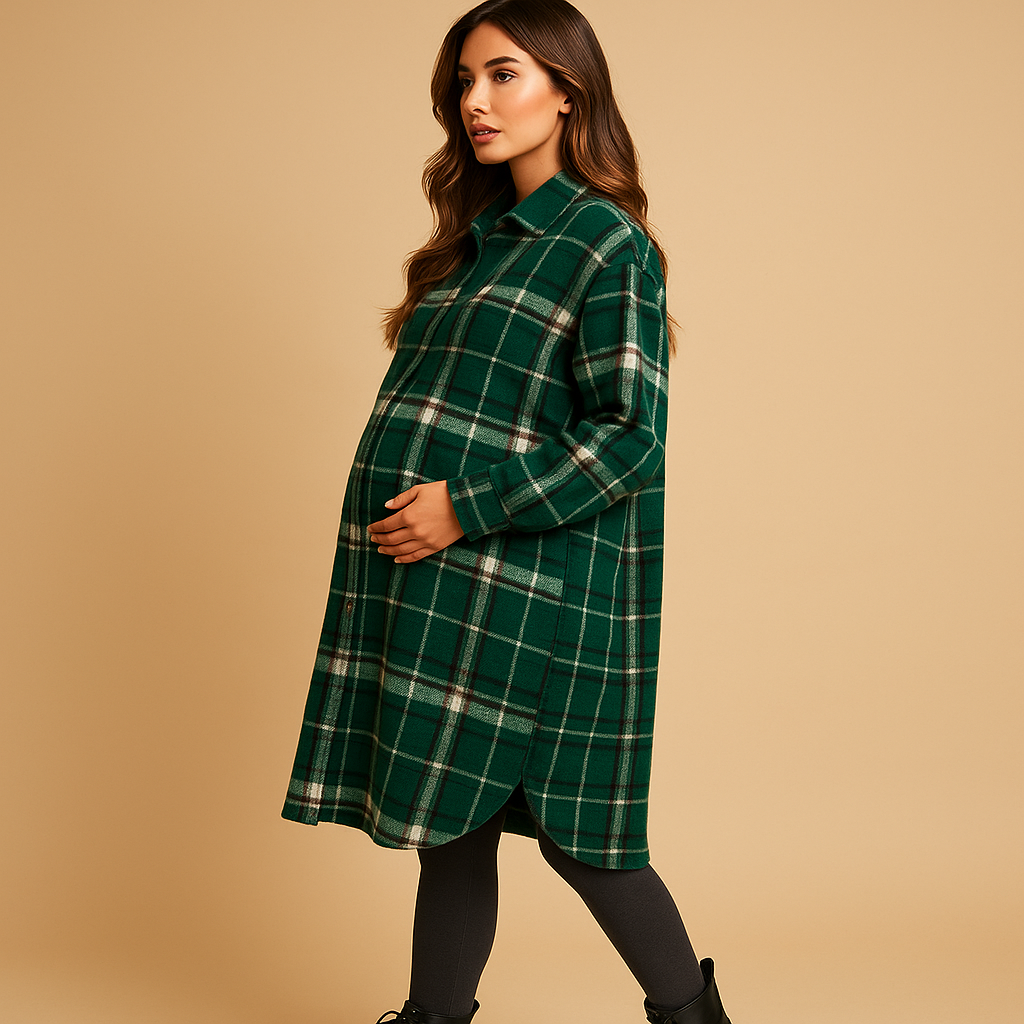 Long Checked Wool Look Coat