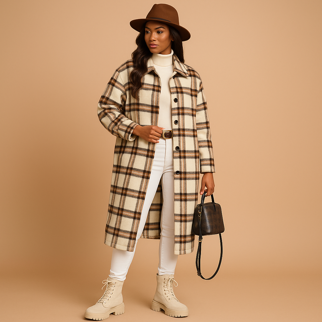 Long Checked Wool Look Coat