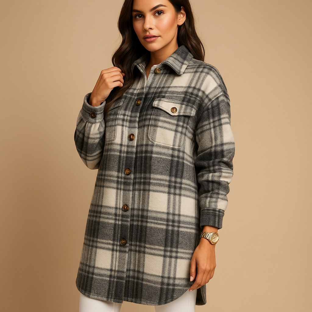 Long Checked Wool Look Coat