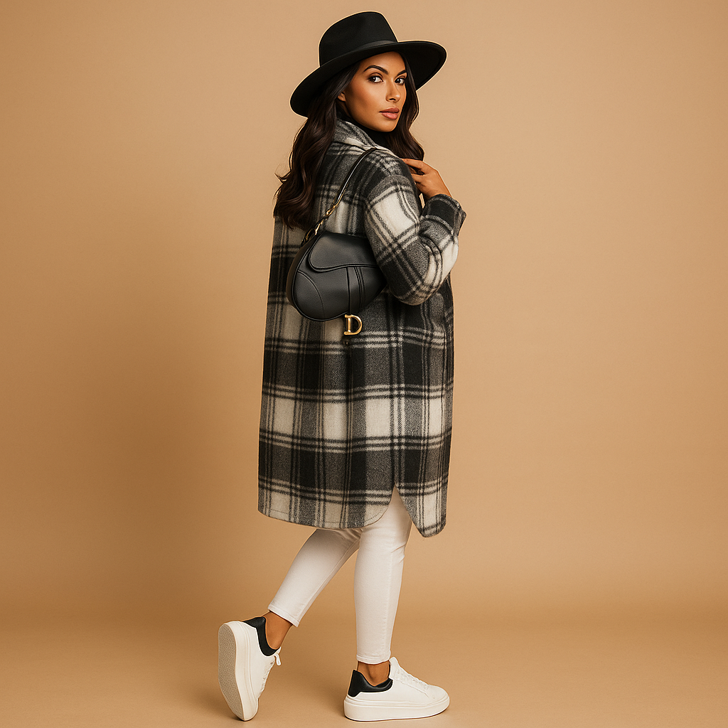 Long Checked Wool Look Coat