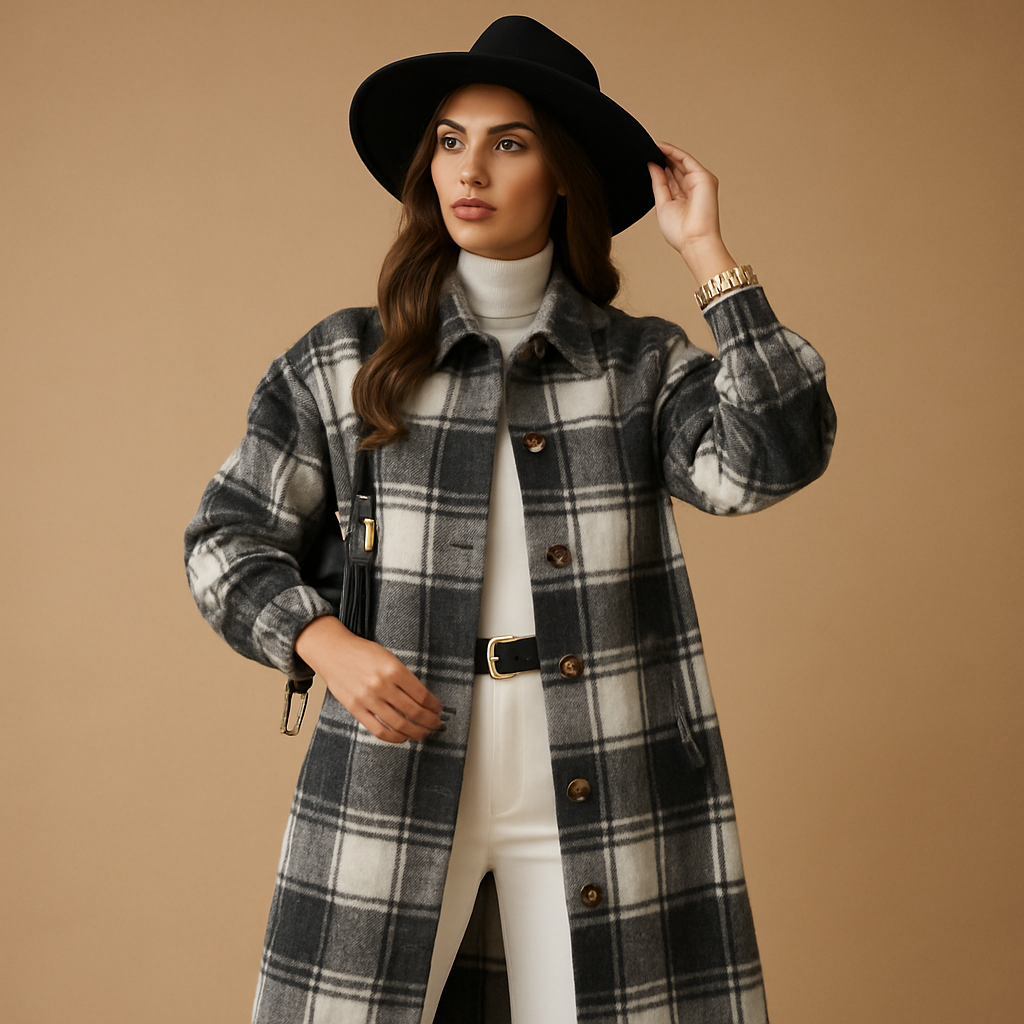 Long Checked Wool Look Coat