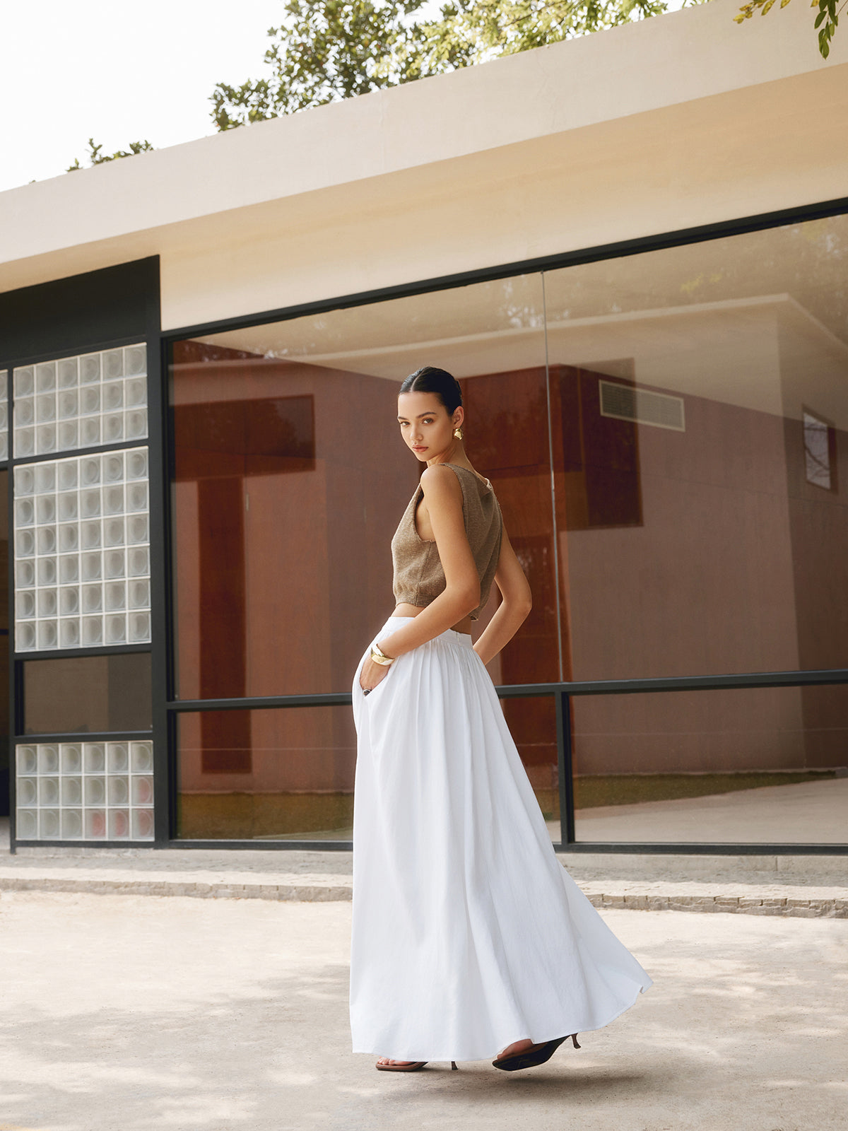 Women's High Waist Pleated Maxi Skirt