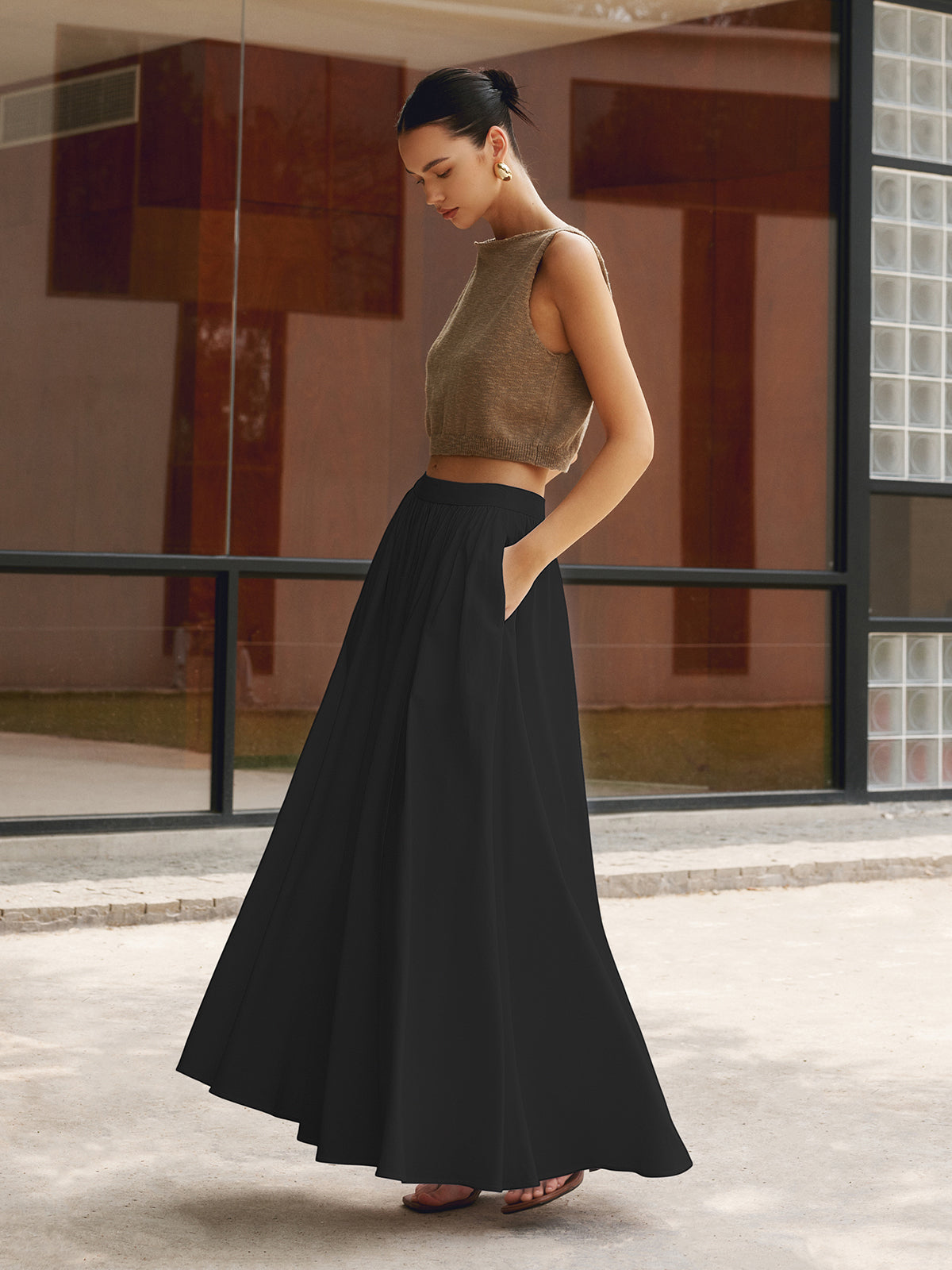 Women's High Waist Pleated Maxi Skirt