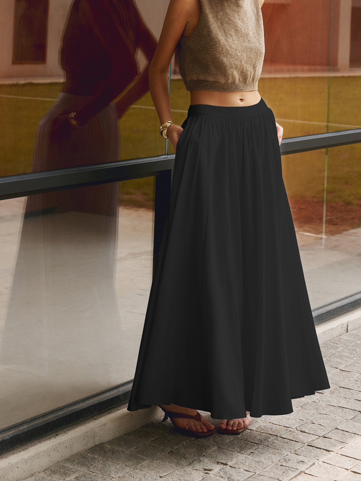 Women's High Waist Pleated Maxi Skirt