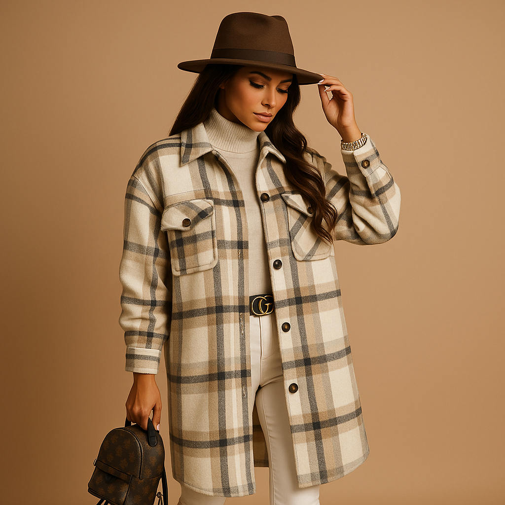 Long Checked Wool Look Coat